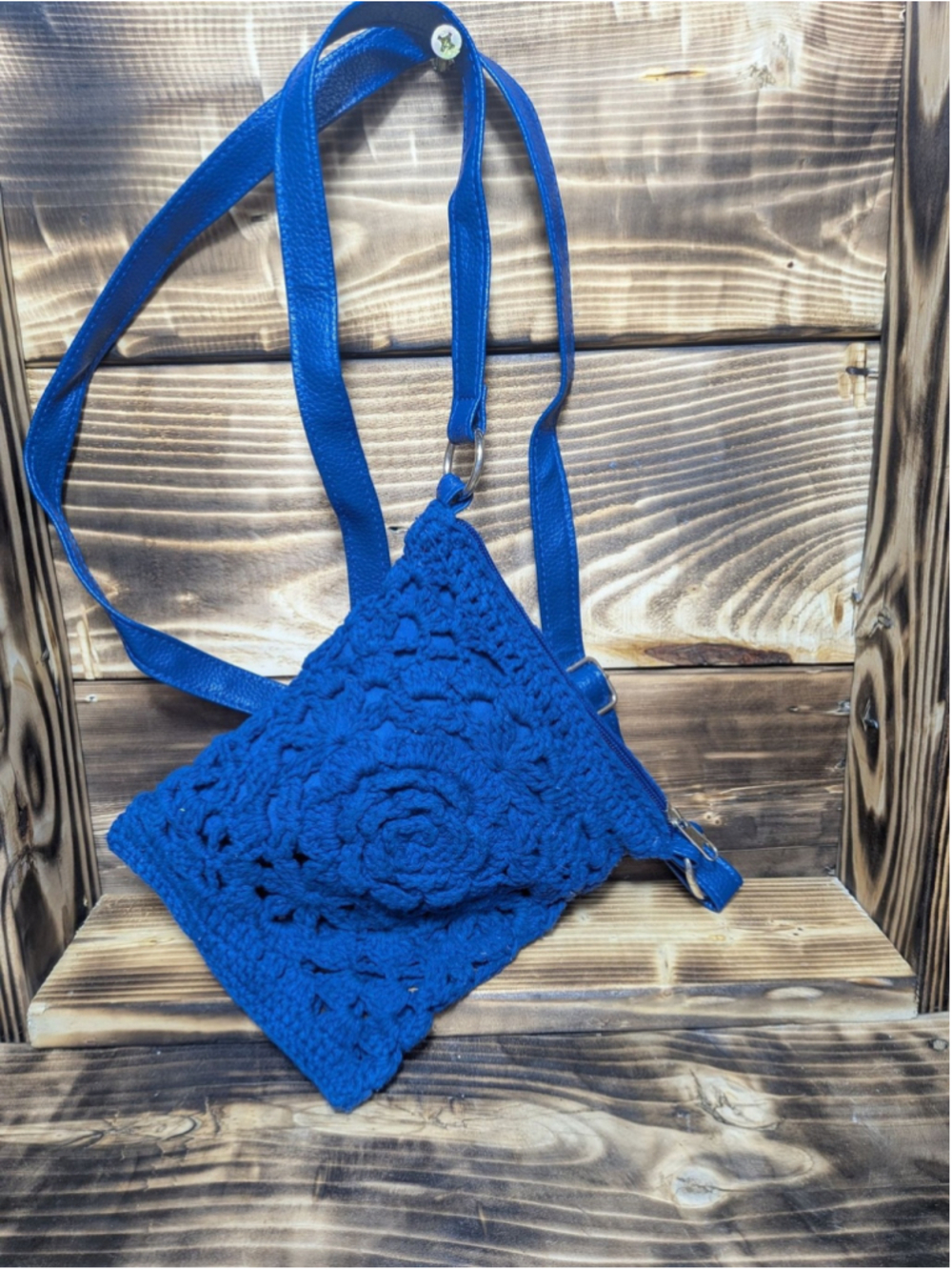 Crochet Crossbody Bag Womens Mini Blue Boho Faux Leather Strap Purse Handbag